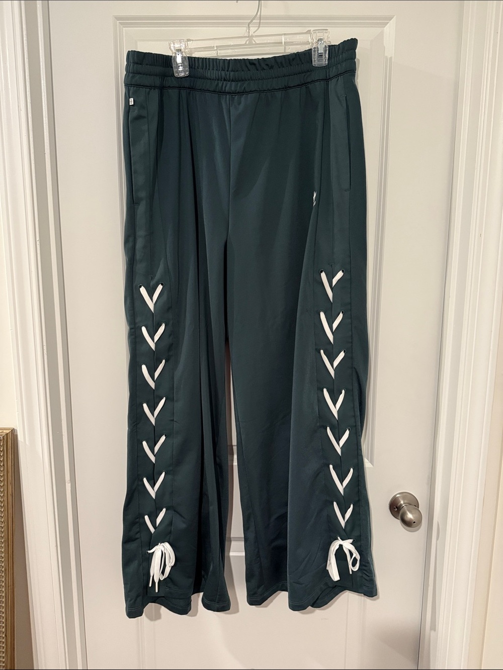 adidas dark green track pants with white lace-up detail - Picture 2 of 4
